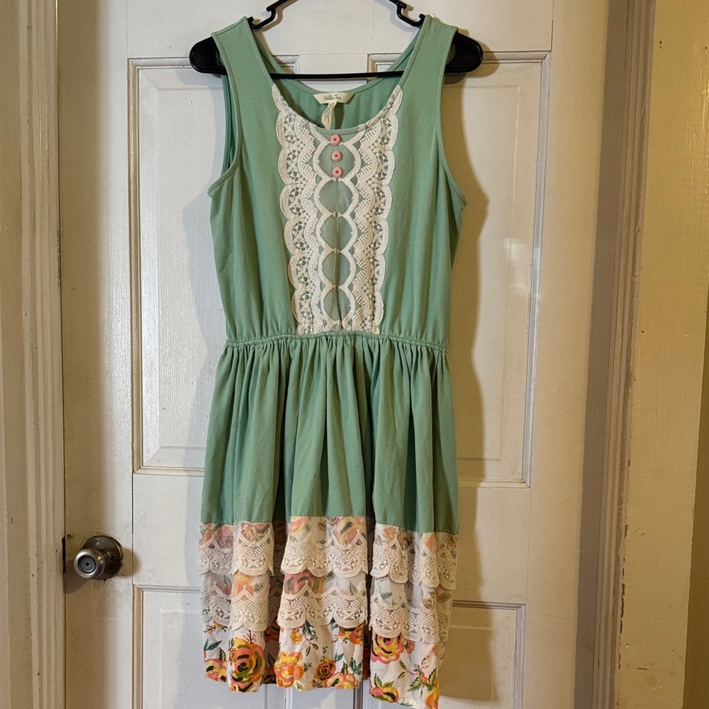 Matilda Jane Green Midi Dress with Lace and Floral Hem